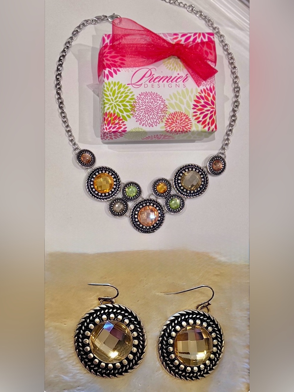 Premier Designs Women's Multi-Color Crystal Statement Necklace and Earring Set